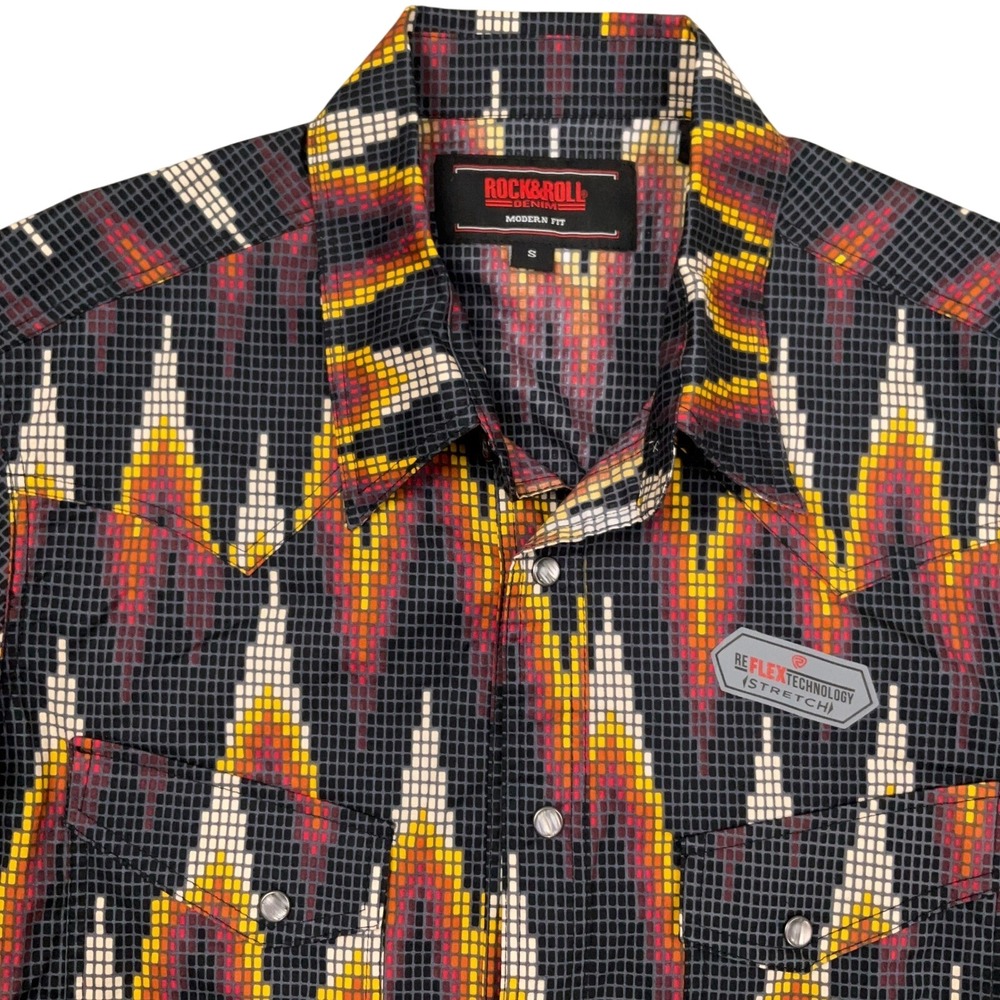 Rock & Roll Shirt Mens S Multi Western Stretch Pearl Snap Geometric Rodeo